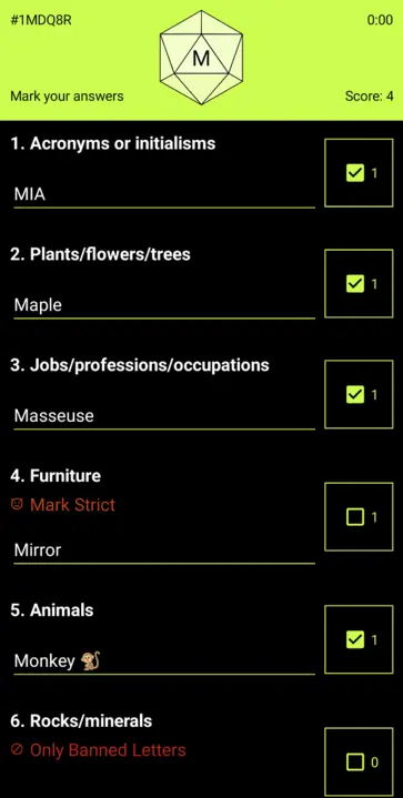 The marking page of the Catlists game running on a smartphone. The player has marked some of their answers correct.